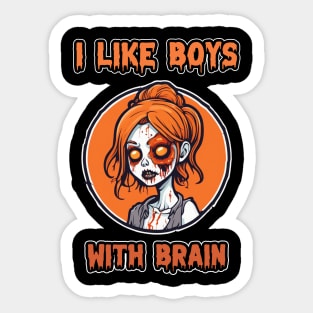 Zombie Girl Orange Pumpkin Color "I Like Boys With Brain" Cute Retro Sticker